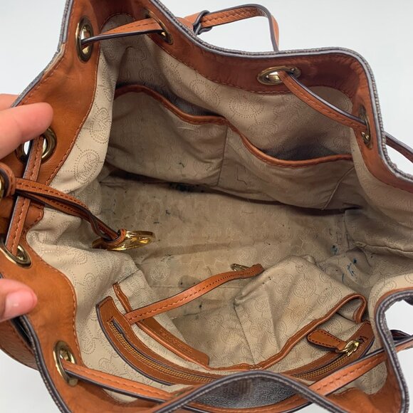 Michael Kors Dark Brown Signature Coated Canvas Jules Drawstring Shoulder Bag - Picture 10 of 11